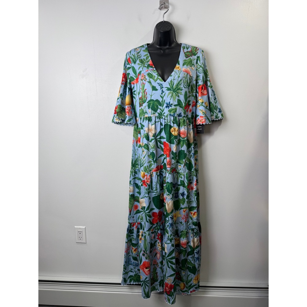 NWT Tuckernuck Women Blue Floral Tiered Bell Sleeve Maxi Dress Small